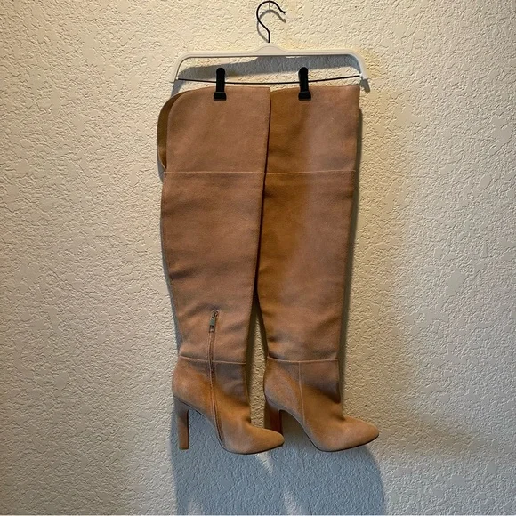 Joie tan/beige suede over the knee stacked heel boots, size 39 1/2 - Picture 2 of 9